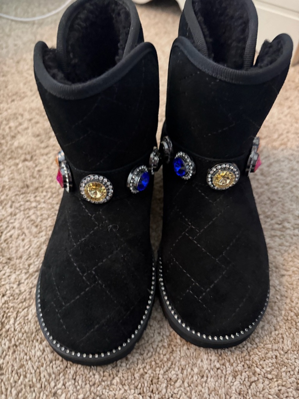 Girls Black Quilted Winter Boots with Gem Embellishments